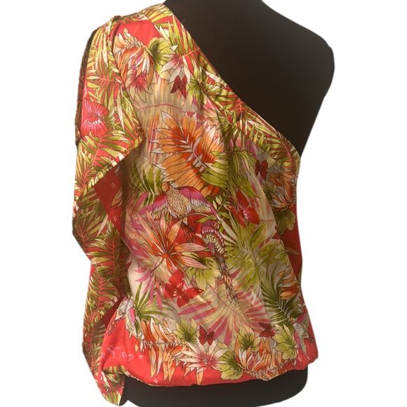 CACHE Tropical One Shoulder Blouson Top M | Split Sleeve Scarf Style - Picture 2 of 12
